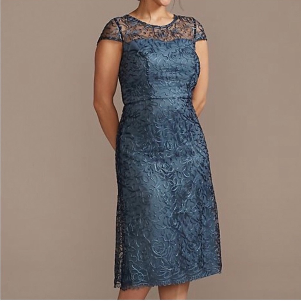Oleg Cassini Blue Sheath Midi Dress with Cap Sleeves